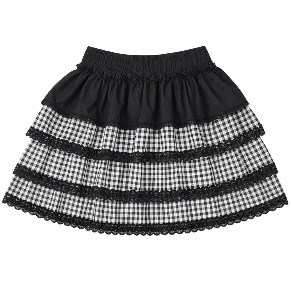 Black Plaid Lace-Trim Mini Skirt with Layered Ruffles