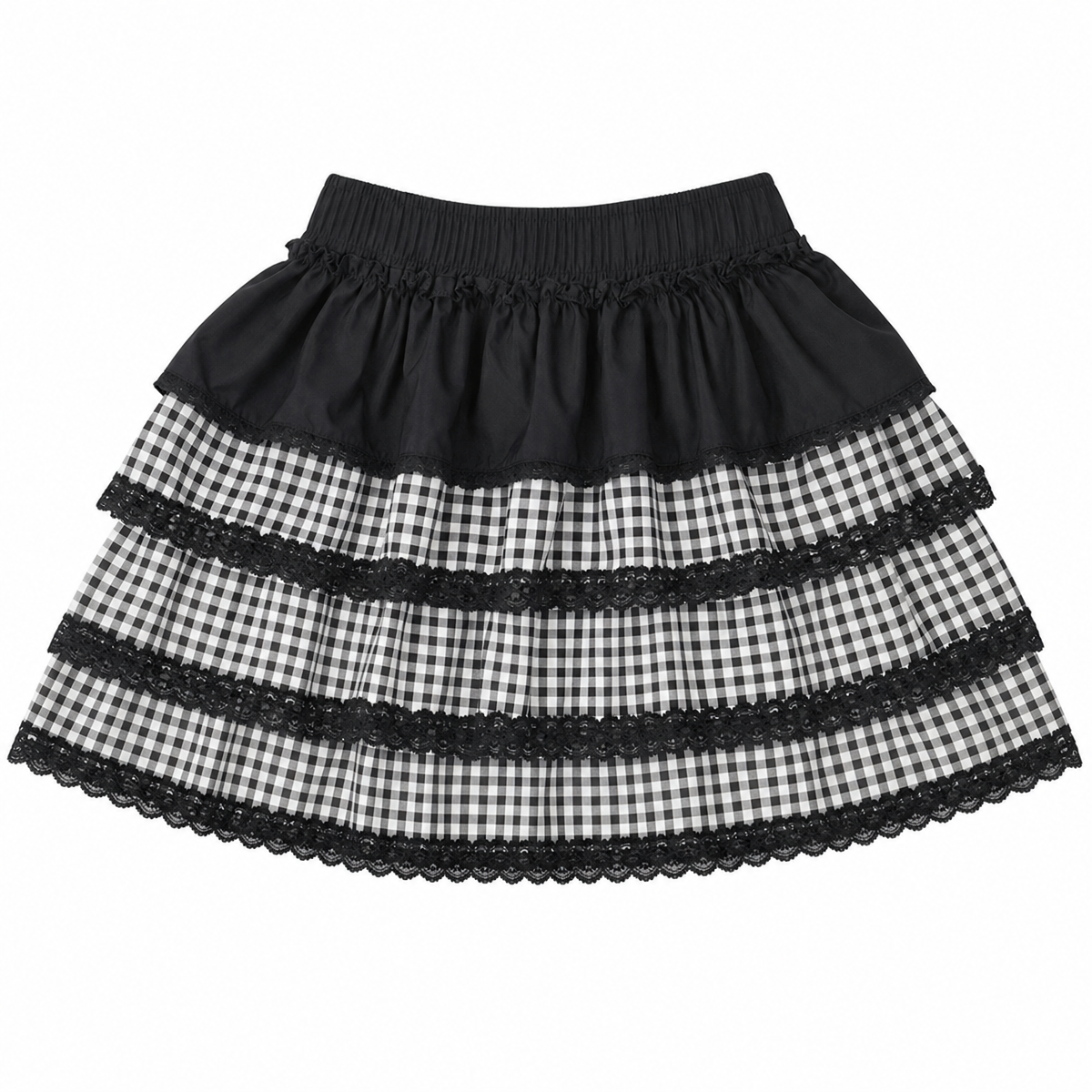 Black Plaid Lace-Trim Mini Skirt with Layered Ruffles