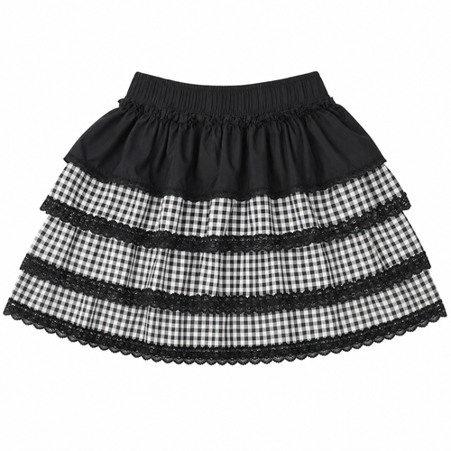 Black Plaid Lace-Trim Mini Skirt with Layered Ruffles