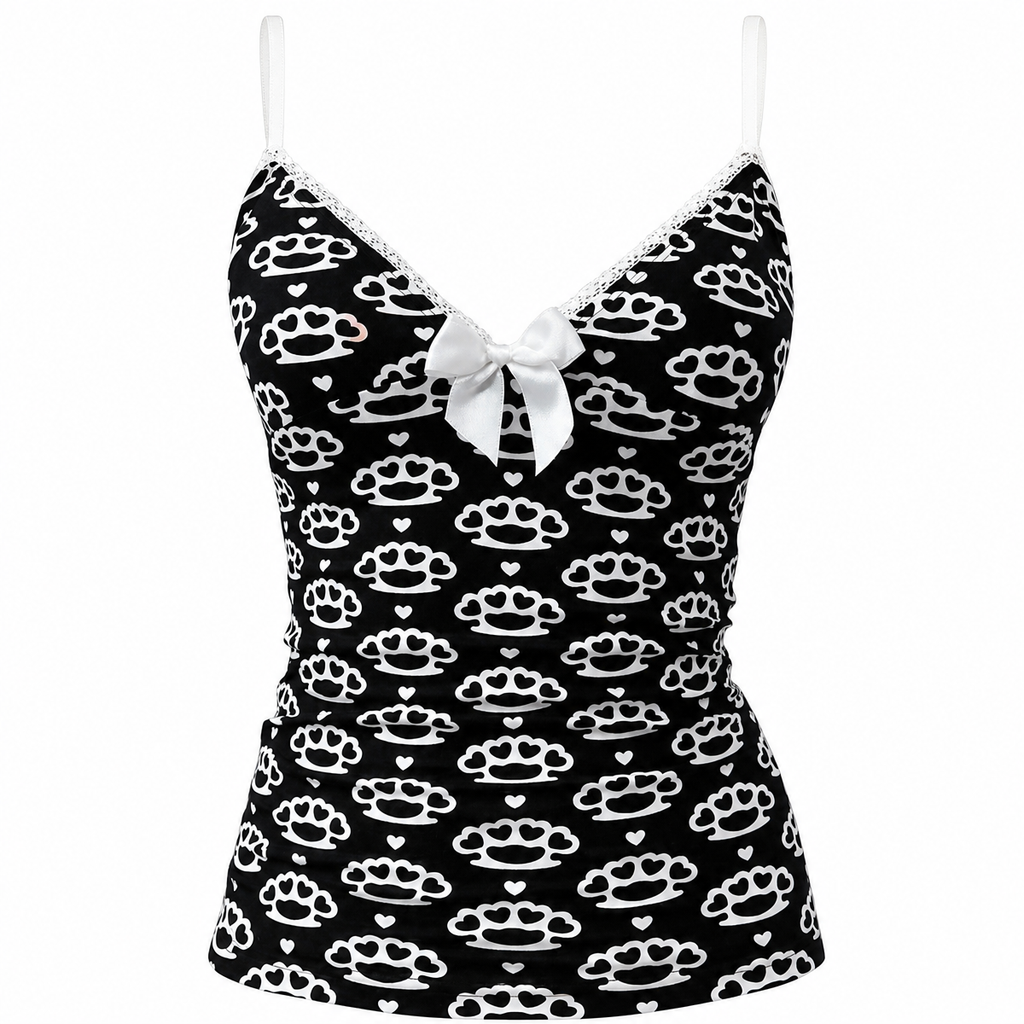 Black Pattern Camisole Top with Lace Trim and Bow