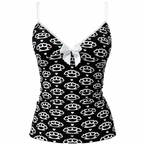 Black Pattern Camisole Top with Lace Trim and Bow