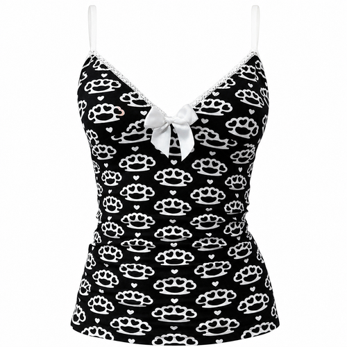 Black Pattern Camisole Top with Lace Trim and Bow