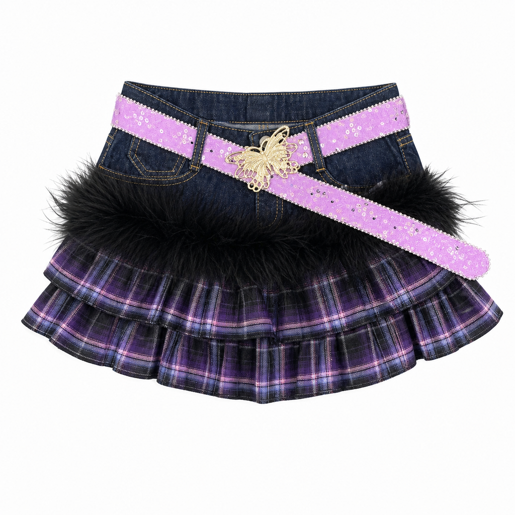 Y2K Purple Plaid Patchwork Denim Mini Skirt