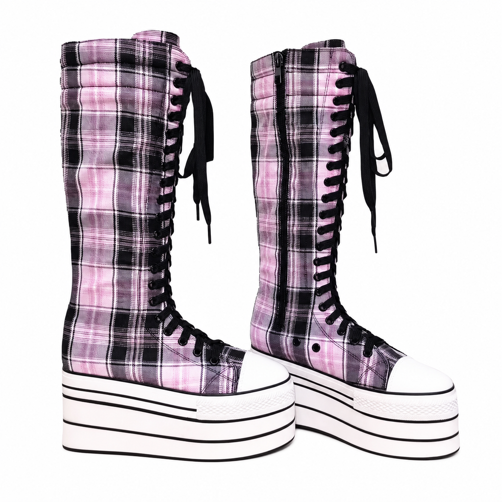 Pink & Black Plaid Platform Knee-High Lace-Up Boots