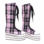 Pink & Black Plaid Platform Knee-High Lace-Up Boots