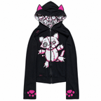 Women's Black Cat-Ear Hoodie with Pink Bear Print