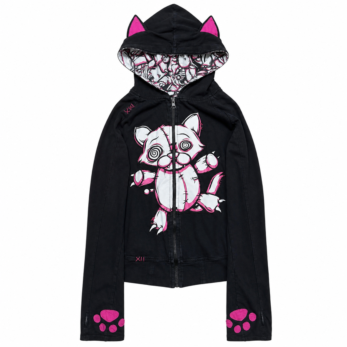 Women's Black Cat-Ear Hoodie with Pink Bear Print