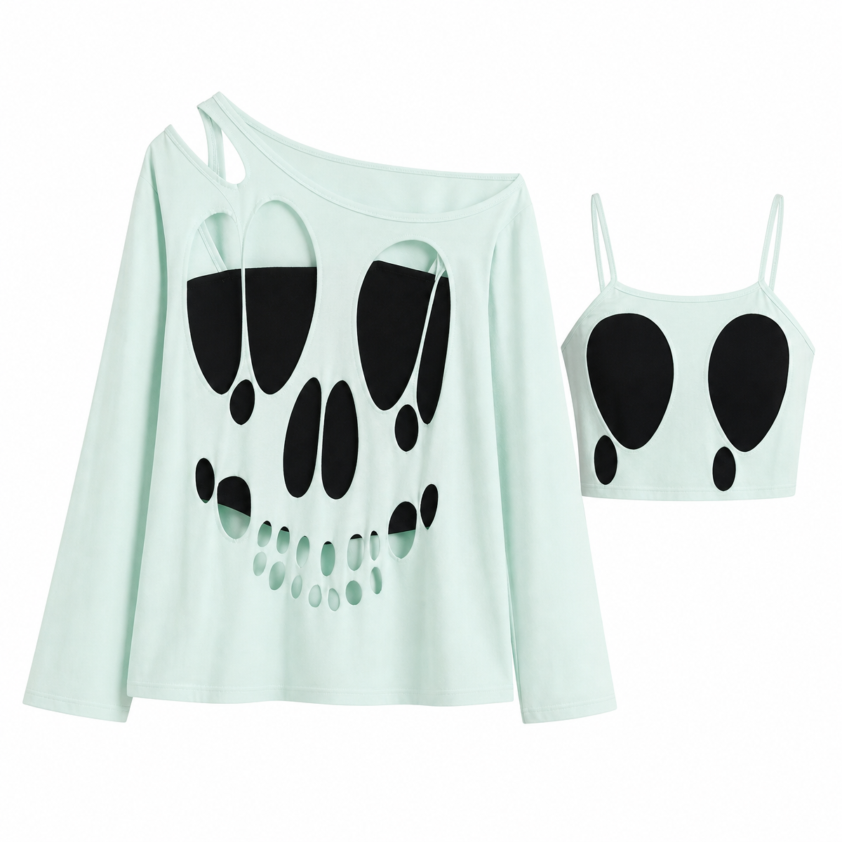 Mint Green Skull Cutout Two-Piece Top Set
