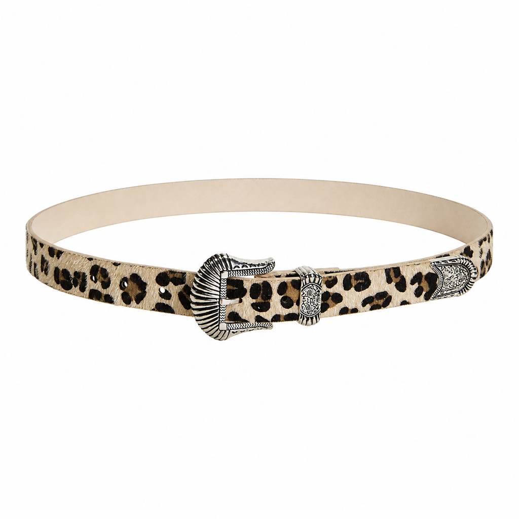 Women's Leopard Print Belt with Ornate Silver-Tone Buckle