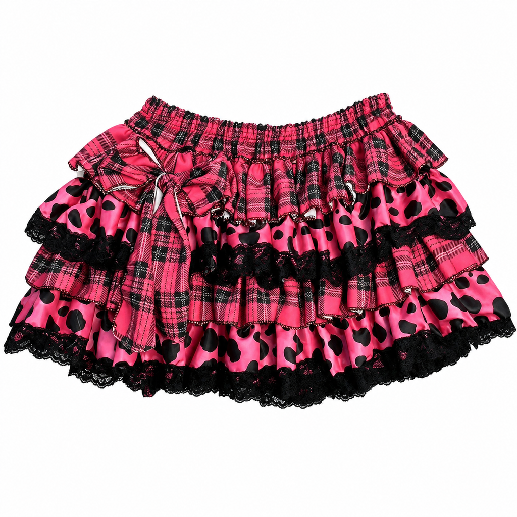 Pink Plaid & Leopard Print Ruffle Mini Skirt with Lace Trim