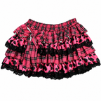 Pink Plaid & Leopard Print Ruffle Mini Skirt with Lace Trim