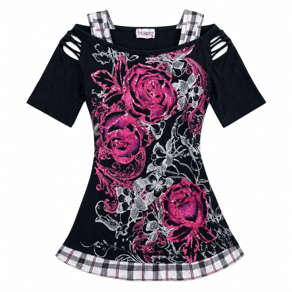 Women's Black Floral Rose Print Cutout-Shoulder Top