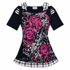 Women's Black Floral Rose Print Cutout-Shoulder Top