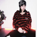 Women's Scene Striped Skull Graphic Hooded Knit Cardigan