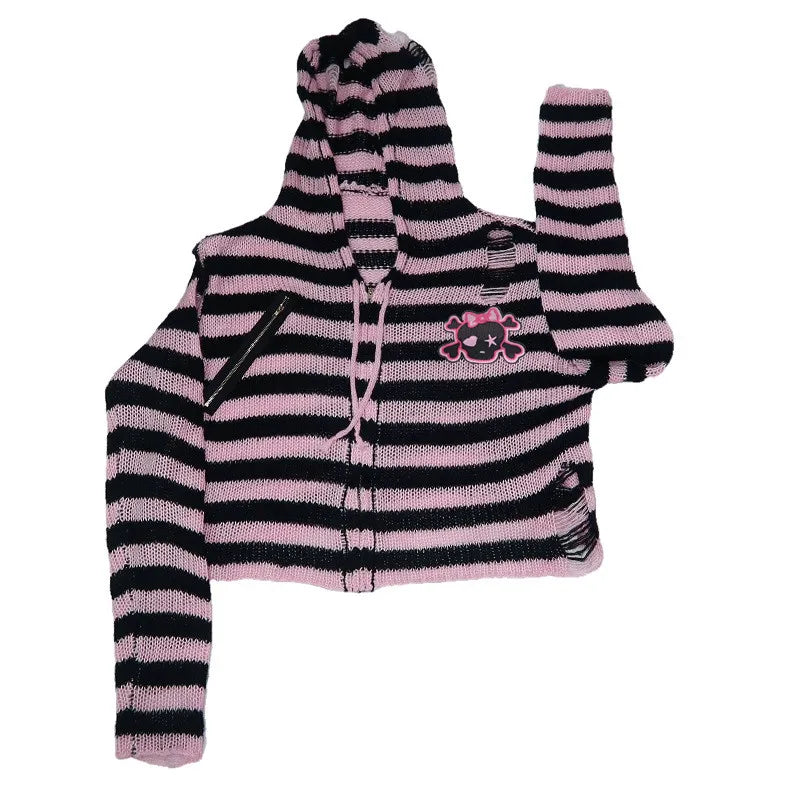 Women's Scene Striped Skull Graphic Hooded Knit Cardigan