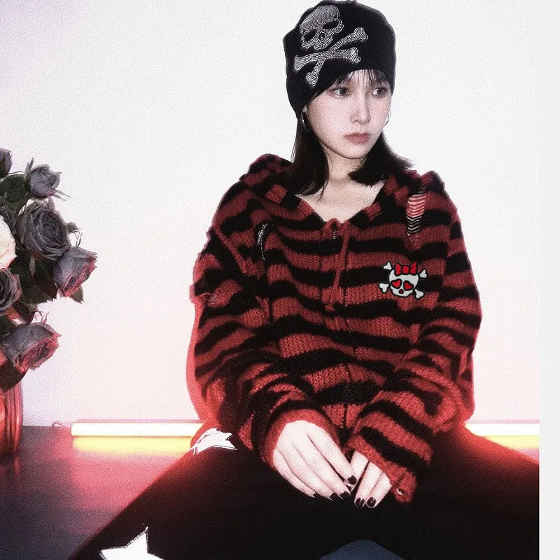 Women's Scene Striped Skull Graphic Hooded Knit Cardigan