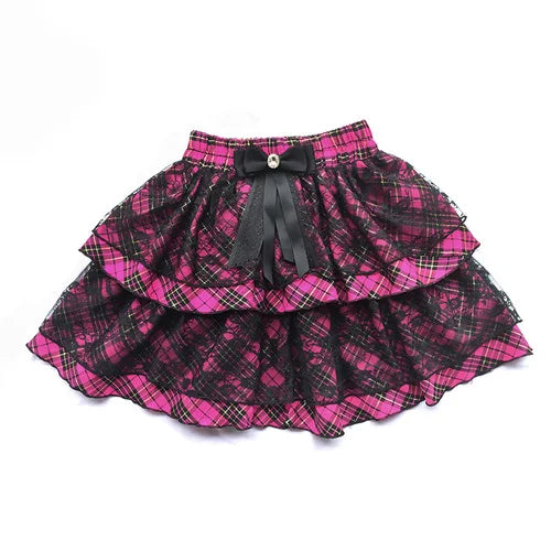 Scene Pink Plaid Layered Lace Mini Skirt with Bow