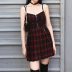 Scene Plaid Pleated Mini Dress with Front Zipper and Chain Detail