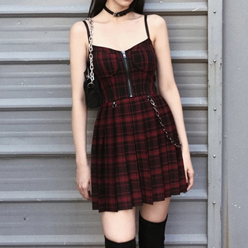 Scene Plaid Pleated Mini Dress with Front Zipper and Chain Detail