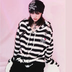 Women's Scene Striped Skull Graphic Hooded Knit Cardigan