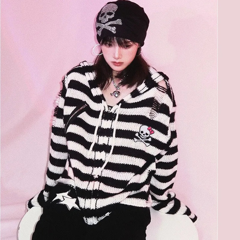 Women's Scene Striped Skull Graphic Hooded Knit Cardigan