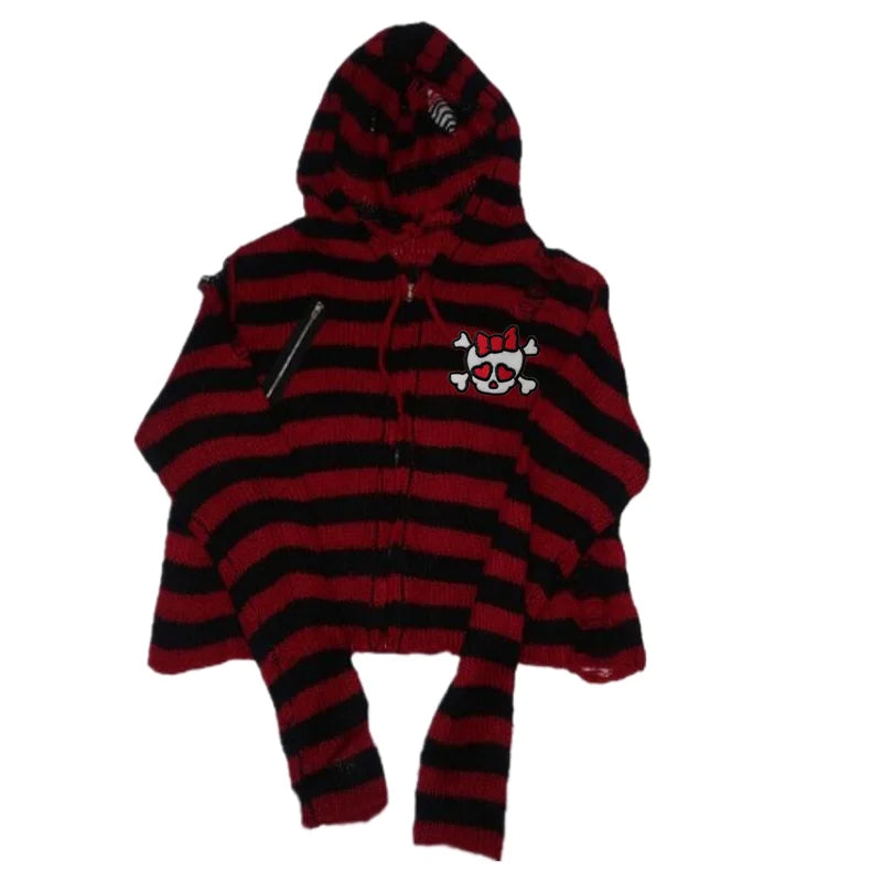 Women's Scene Striped Skull Graphic Hooded Knit Cardigan