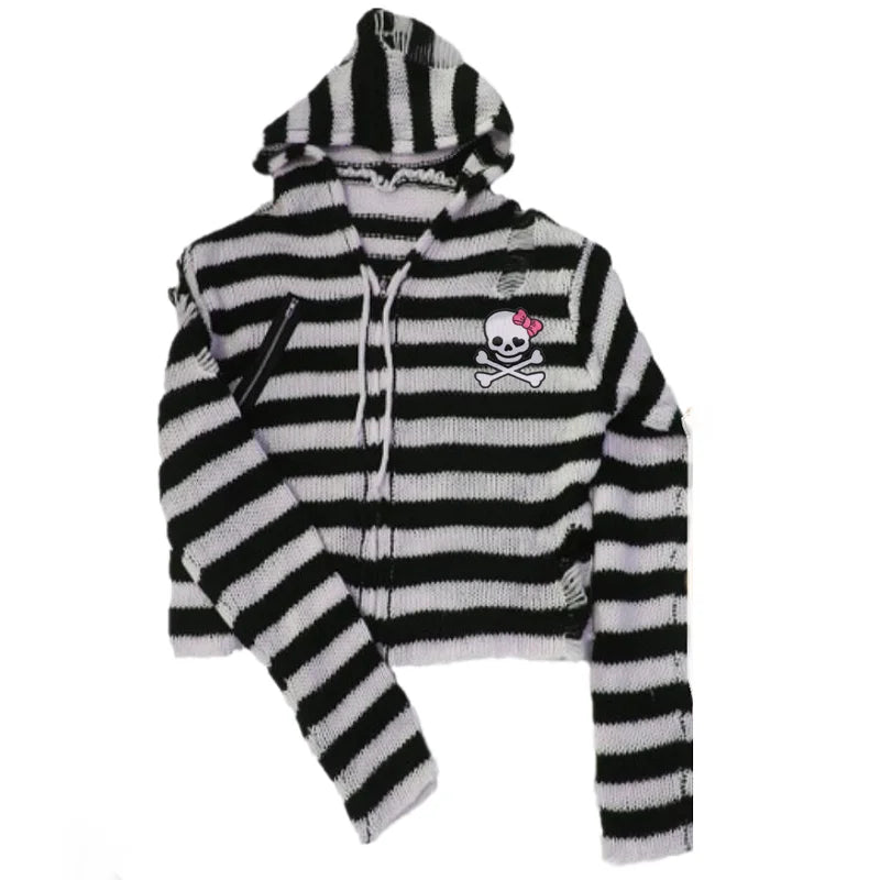 Women's Scene Striped Skull Graphic Hooded Knit Cardigan