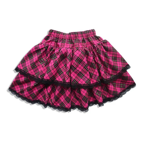 Scene Pink Plaid Layered Lace Mini Skirt with Bow