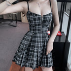 Scene Plaid Pleated Mini Dress with Front Zipper and Chain Detail