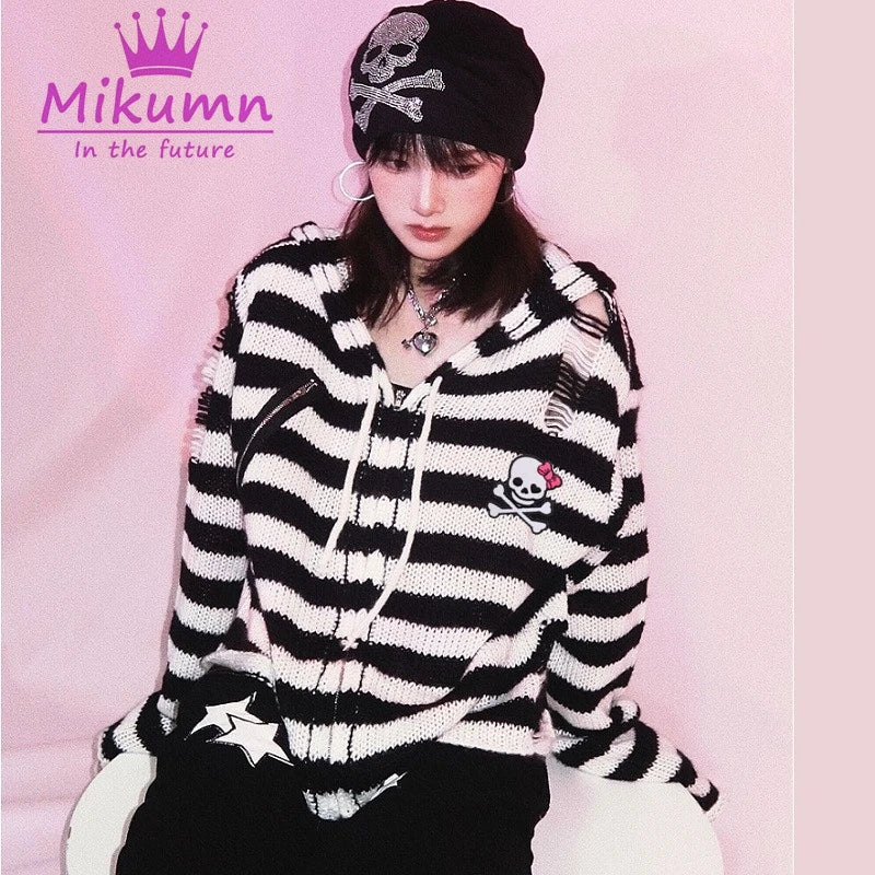 Women's Scene Striped Skull Graphic Hooded Knit Cardigan