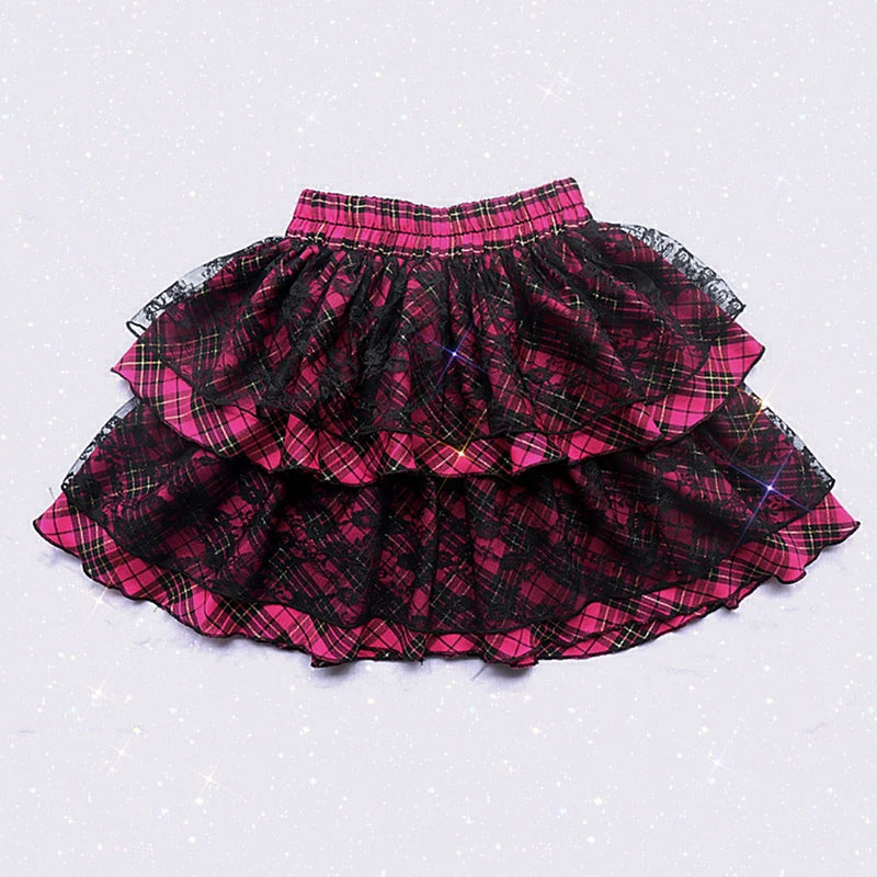 Scene Pink Plaid Layered Lace Mini Skirt with Bow