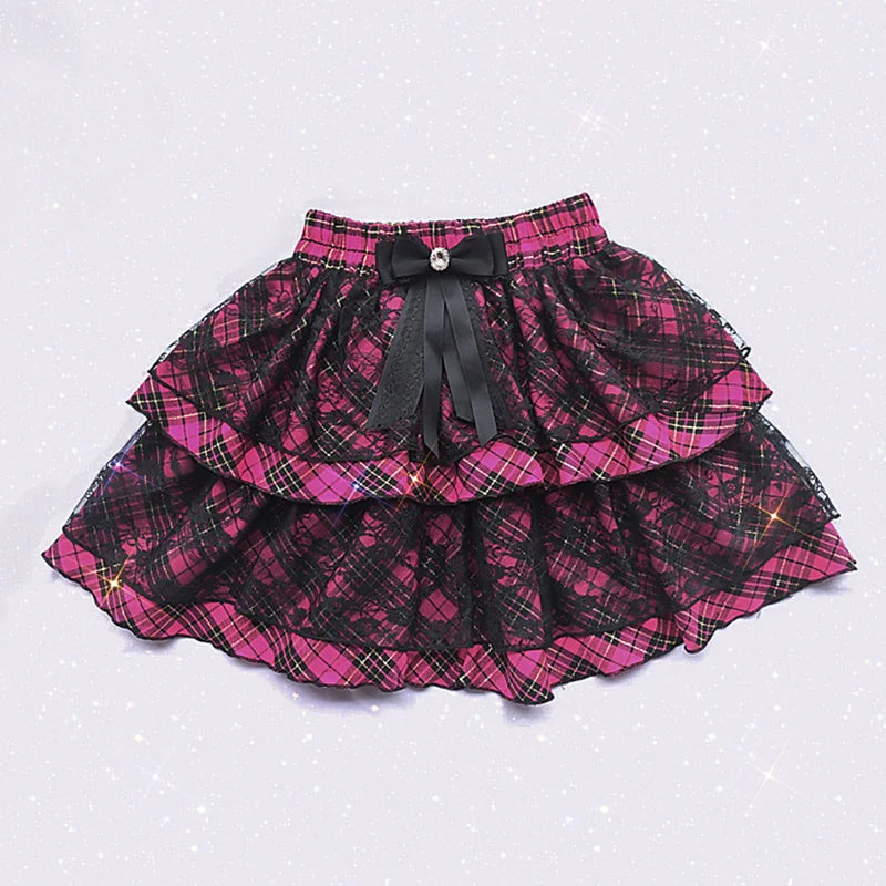 Scene Pink Plaid Layered Lace Mini Skirt with Bow