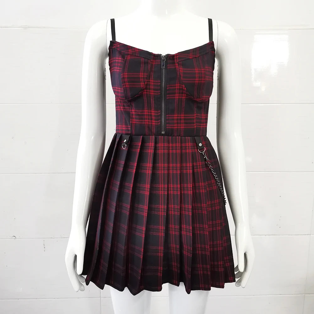 Scene Plaid Pleated Mini Dress with Front Zipper and Chain Detail