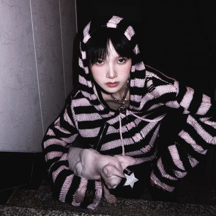 Women's Scene Striped Skull Graphic Hooded Knit Cardigan