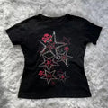 Scene Women's Black Graphic T-Shirt – Pink & White Skull and Star Print