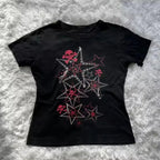 Scene Women's Black Graphic T-Shirt – Pink & White Skull and Star Print