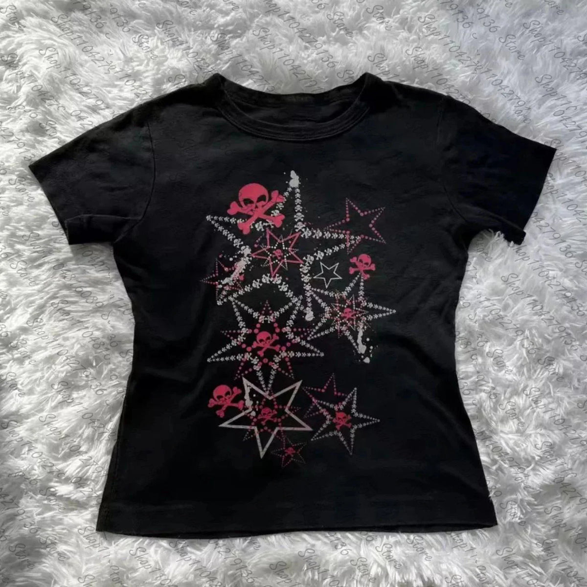Scene Women's Black Graphic T-Shirt – Pink & White Skull and Star Print