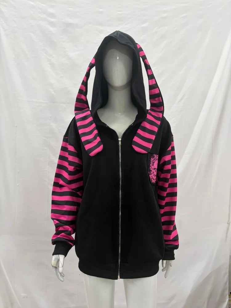 Scene Women's Black and Pink Skull Print Zip-Up Hoodie