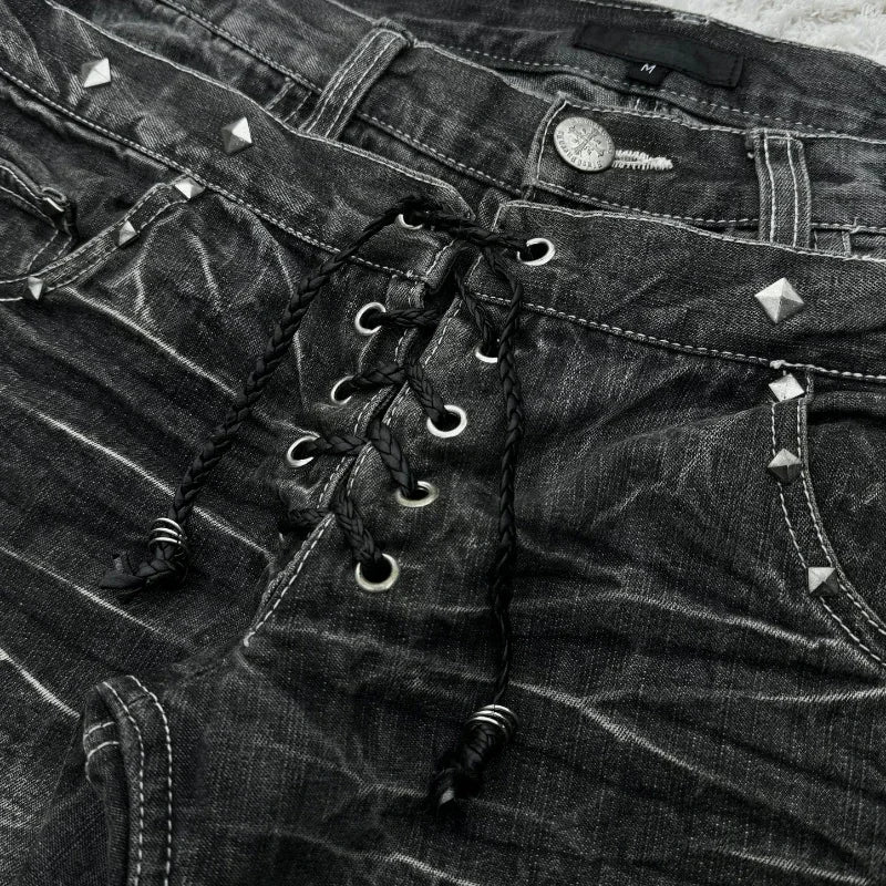Scene Black Distressed Lace-Up Micro-Flare Jeans