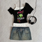 Scene Women's Black Graphic Short-Sleeve T-Shirt with Contrast Layered Detail