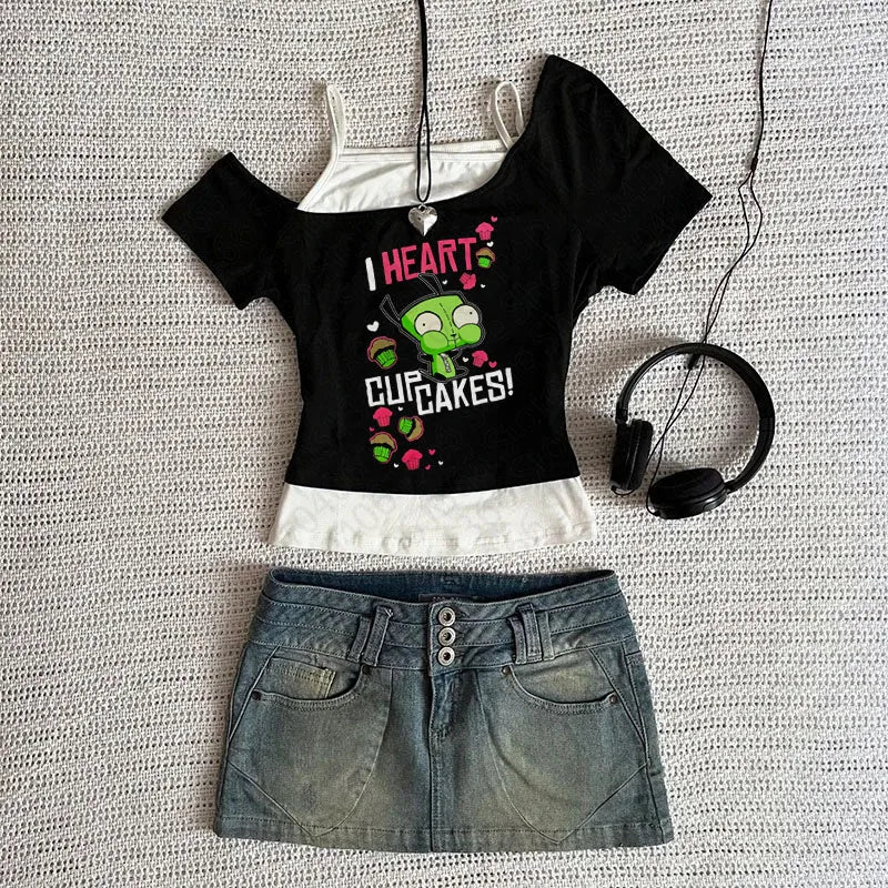 Scene Women's Black Graphic Short-Sleeve T-Shirt with Contrast Layered Detail