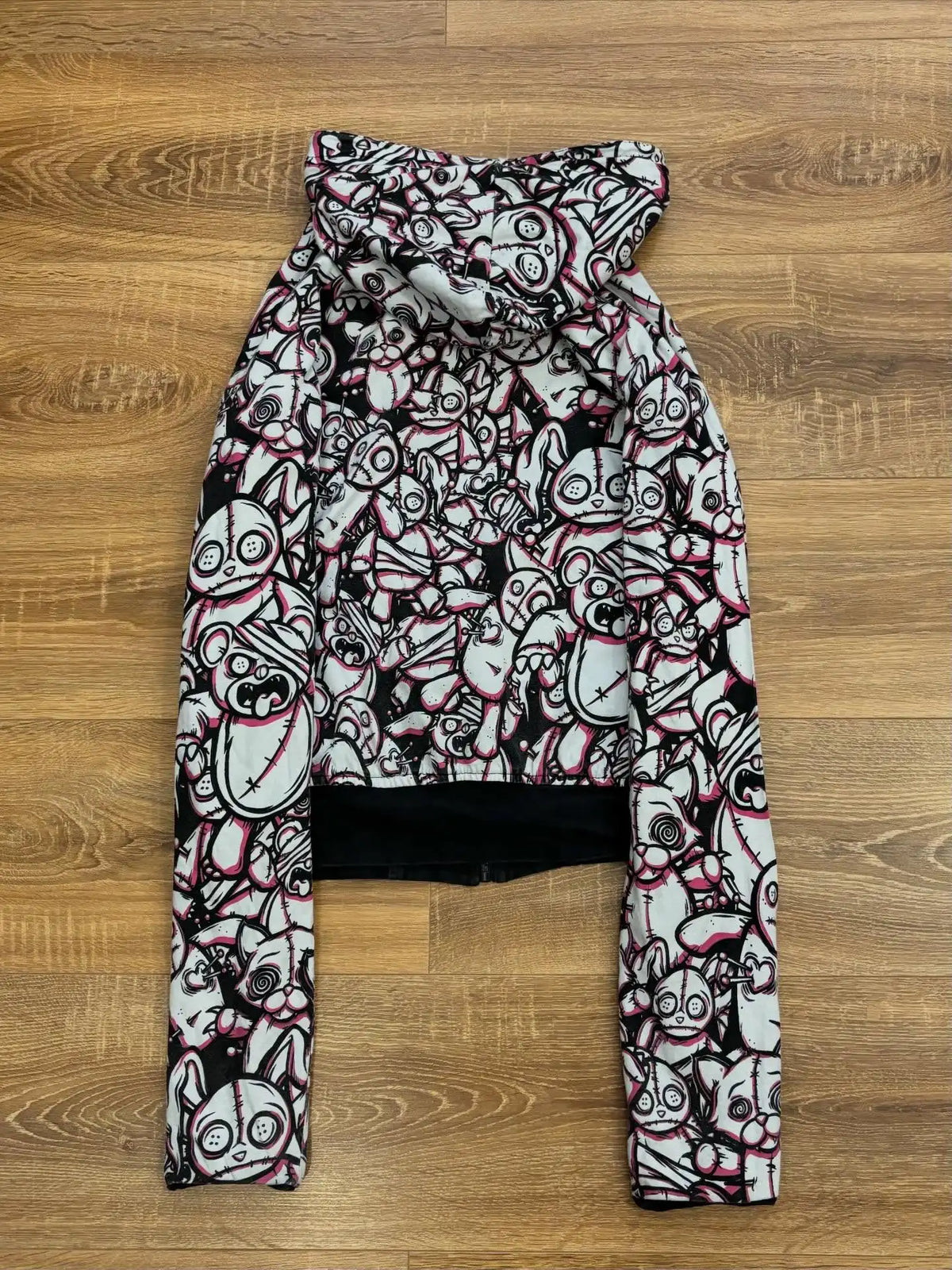 Scene Cat-Ear Reversible Zip Hoodie with Pink Cartoon Cat Print
