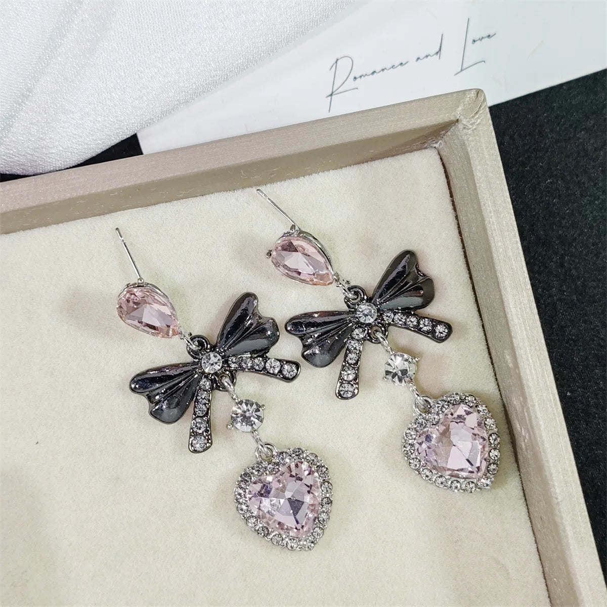 Scene Pink Rhinestone Bow and Heart Drop Earrings