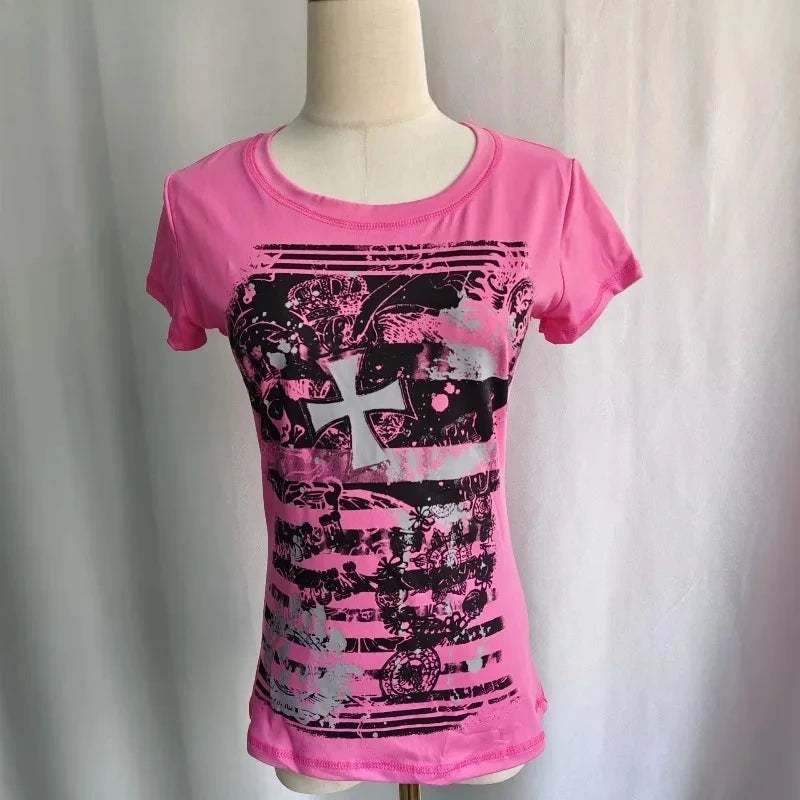 Scene Women's Pink Graphic Cross T-Shirt