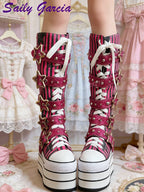 Scene Rose Red Striped Knee-High Platform Boots with Star Buckle Straps
