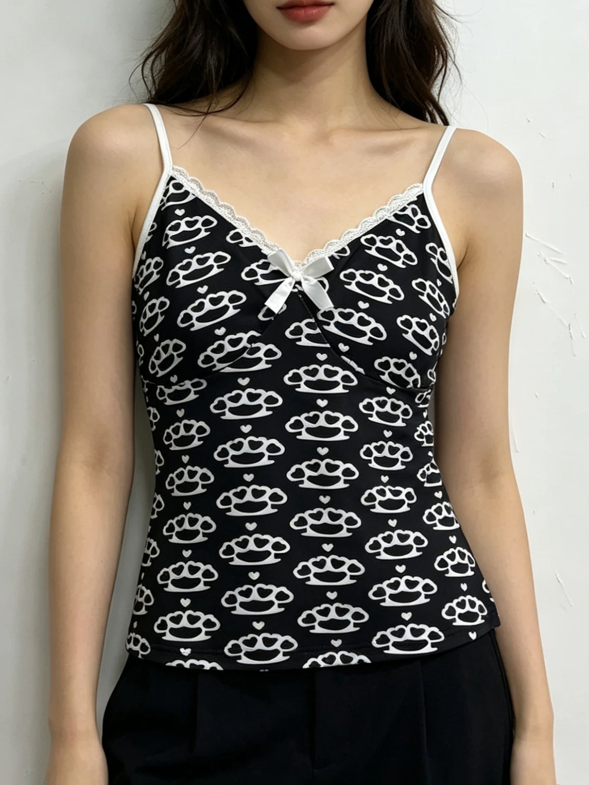 Scene Black Pattern Camisole Top with Lace Trim and Bow
