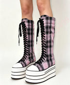 Scene Pink & Black Plaid Platform Knee-High Lace-Up Boots
