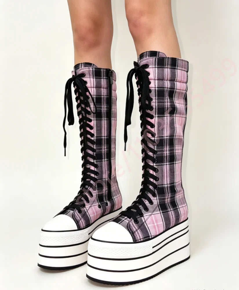 Scene Pink & Black Plaid Platform Knee-High Lace-Up Boots