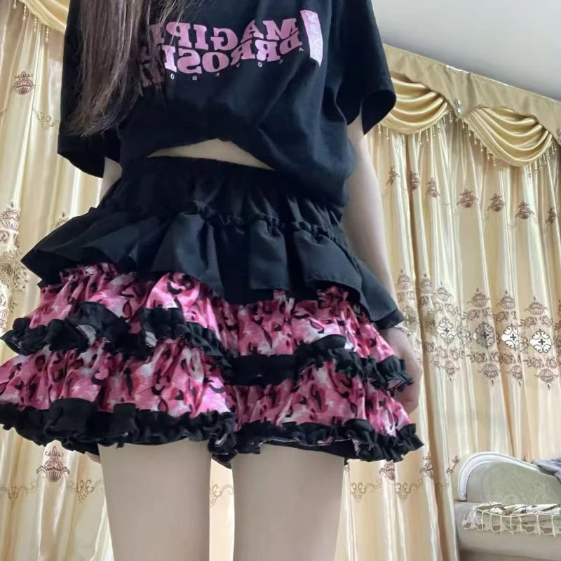 Scene Pink Leopard Print Layered Mini Skirt with Ruffle Trim