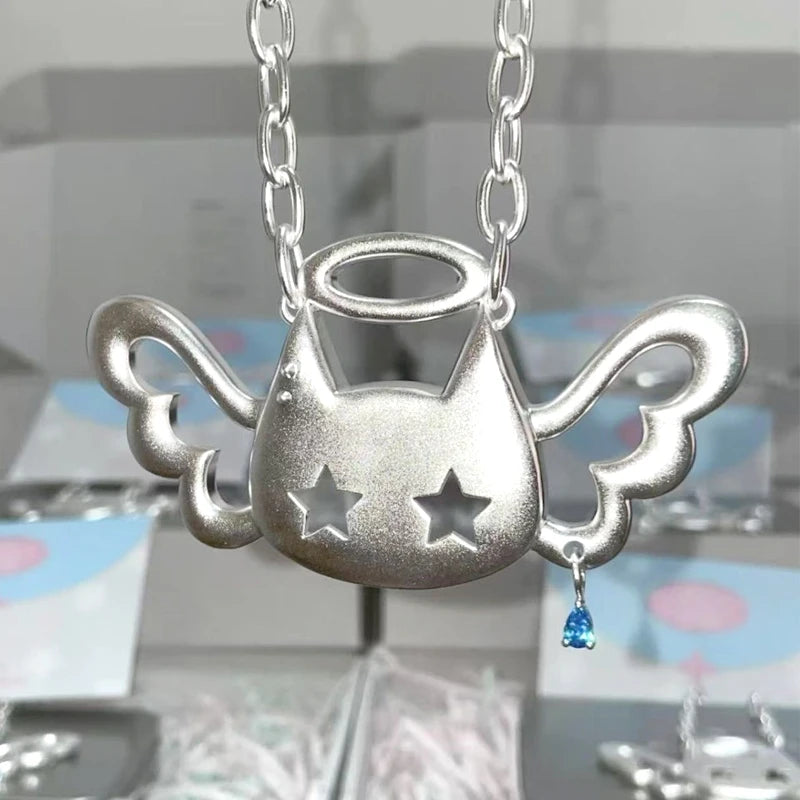 Scene Y2K Winged Cat Pendant Necklace with Blue Crystal-Like Charm